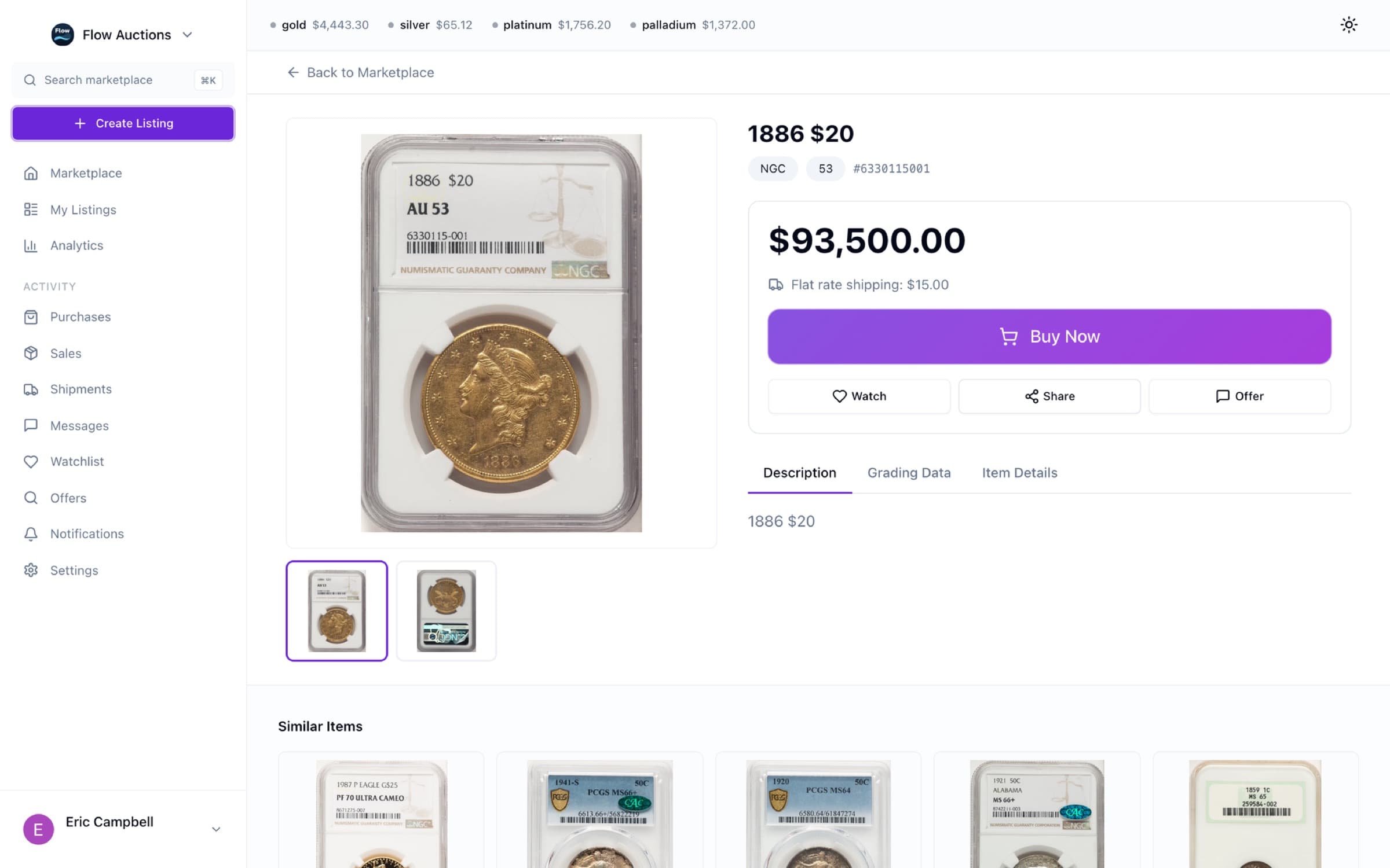 A Flow Dealers listing showing cert data, price, and buy now, watch, and offer actions