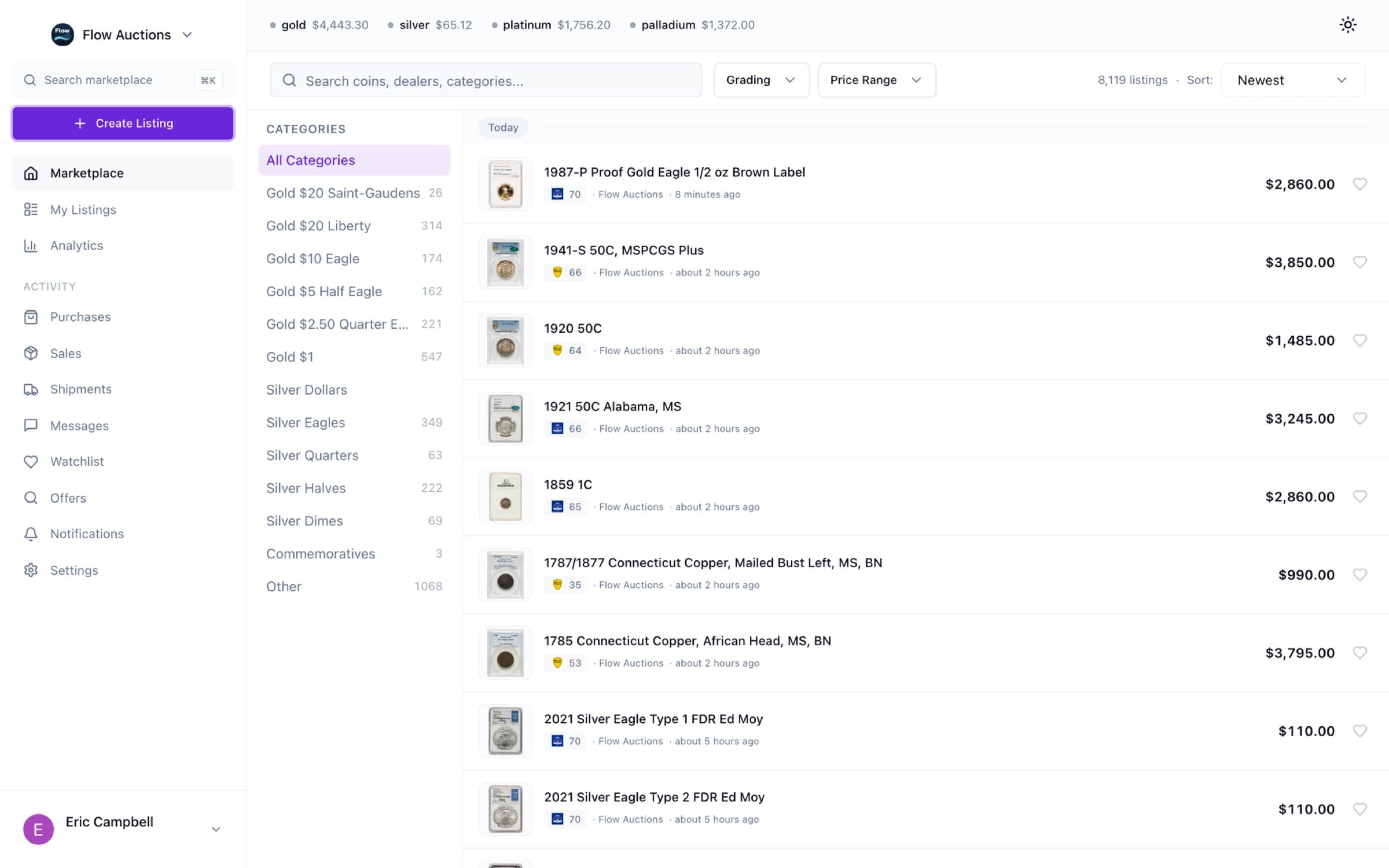 Flow Dealers marketplace listing thousands of graded coins with wholesale pricing