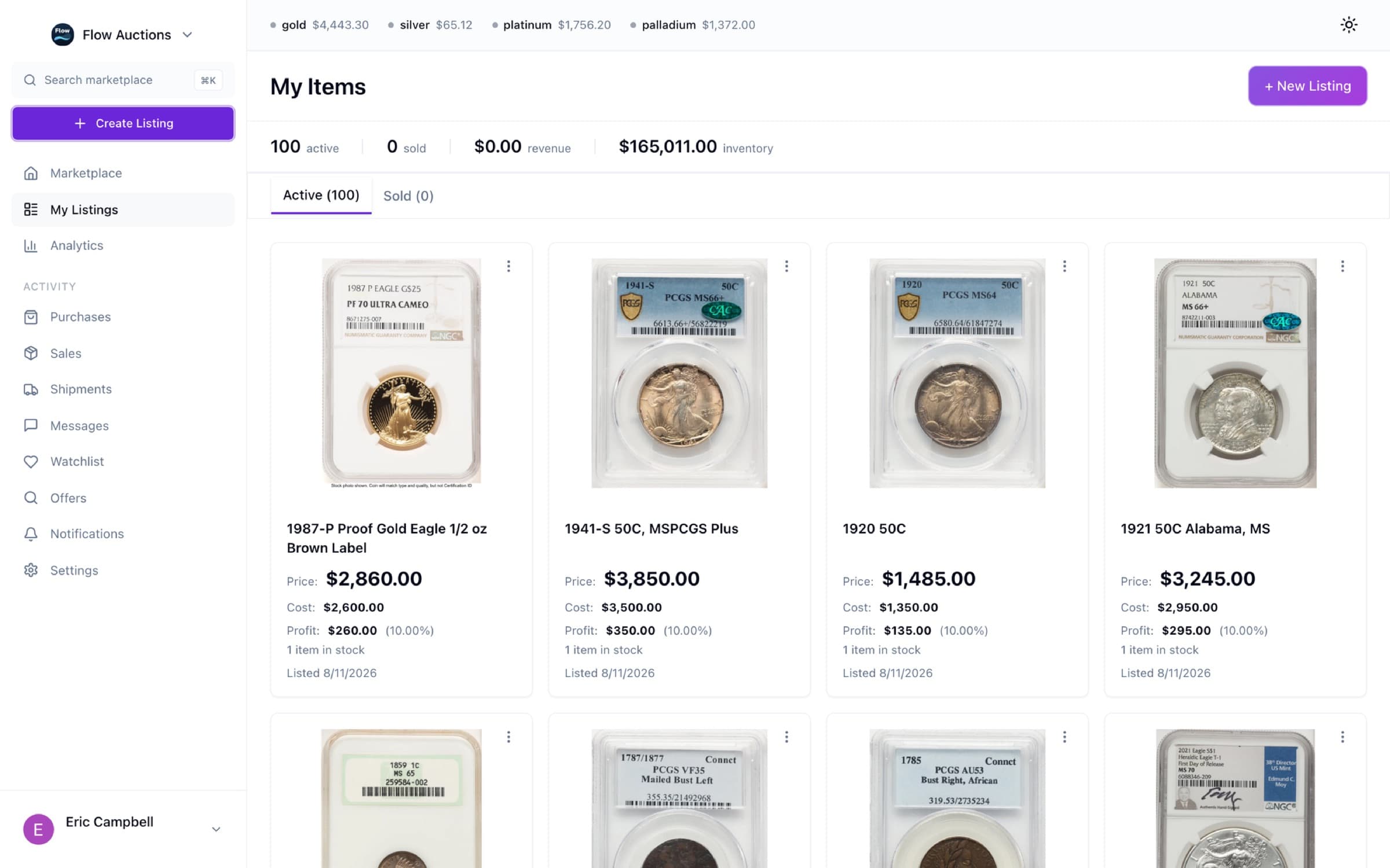 Flow Dealers inventory view showing price, cost, and profit on every item