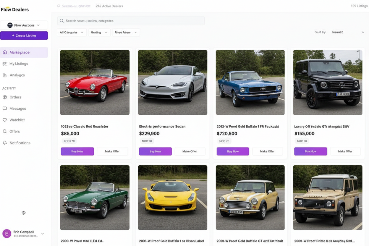 Flow Dealers platform showcasing vehicle inventory workflow