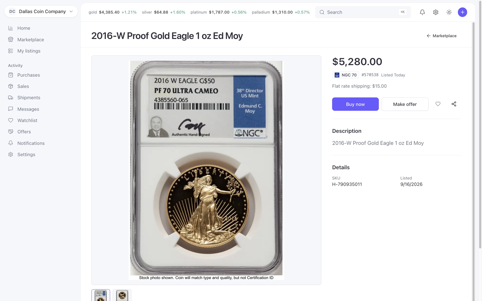 A Flow Dealers listing showing cert data, price, and buy now, watch, and offer actions