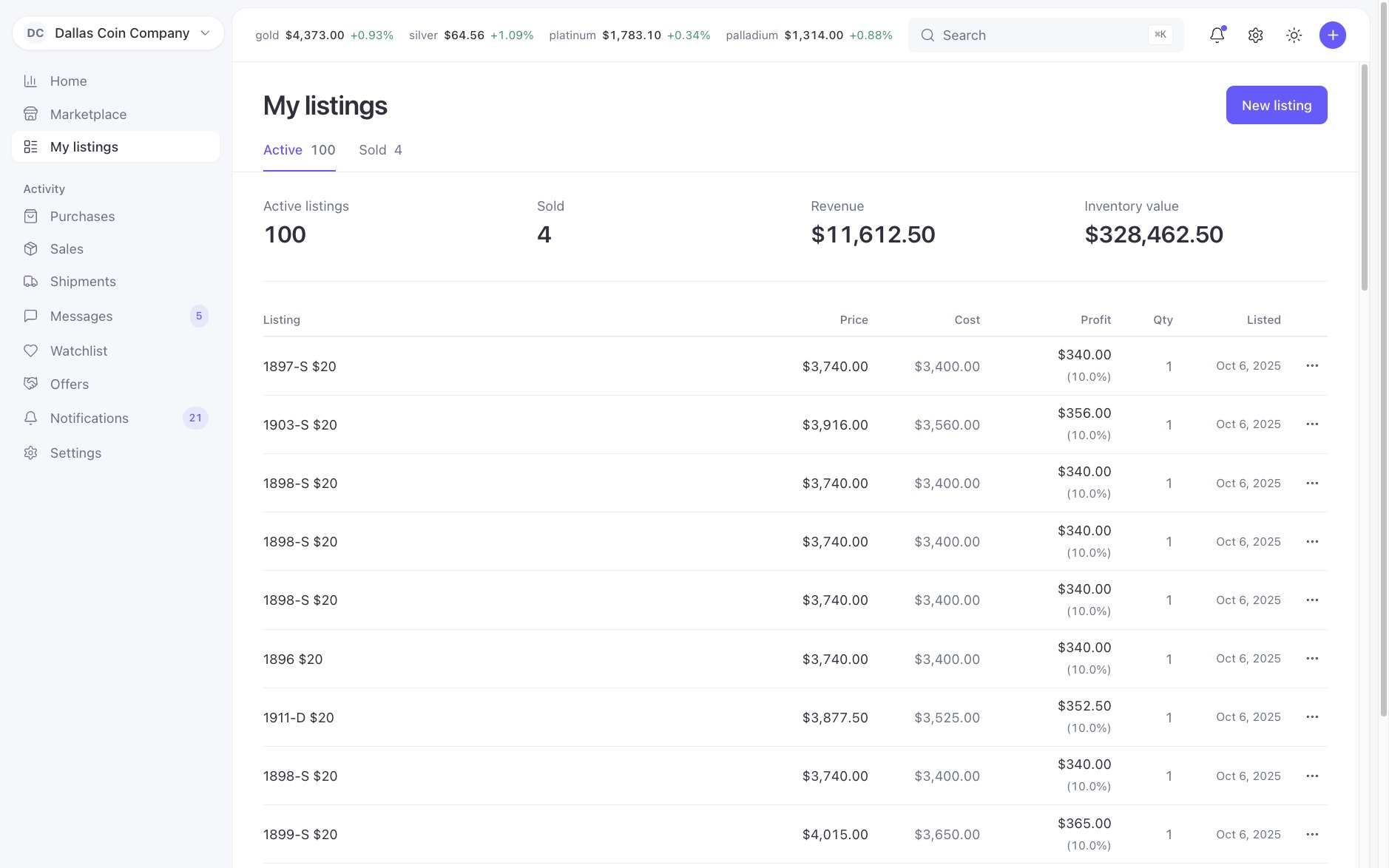 Flow Dealers inventory view showing price, cost, and profit on every item